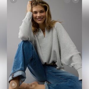 American Eagle AE Big Hug Notch Neck Waffle Sweatshirt in Dark Grey